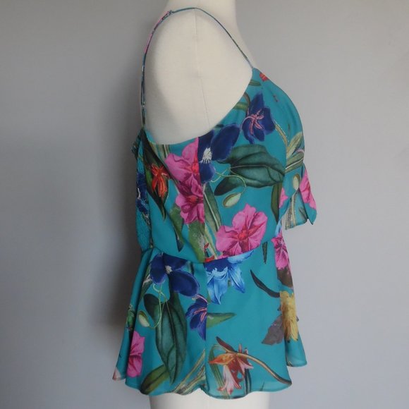 Parker Blue Azule Sardinia Hawaii Exotic Leaves Floral Tank Cocktail Top Blouse - Picture 3 of 8